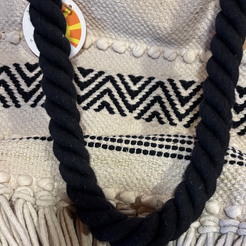 C & C  California-Cream and Black Patterned Tote with Fringe - Picture 10 of 11